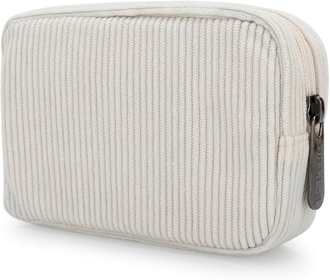 E-Tree Cute Small Makeup Bag,Cosmetic Toiletry Make up Little Items Pouch for Purse,Zipper Mini Tech Charger Cable Electronic Organizer Case,Travel Accessories for Women Men Teen,White Corduroy