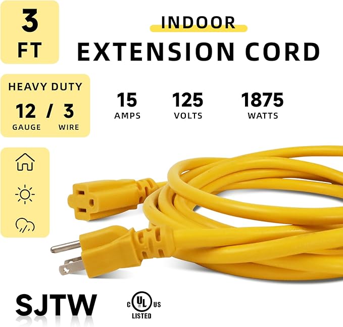 EP 3 Ft Outdoor Extension Cord, 12/3 SJTW Heavy Duty Extension Cable with 3 Prong Grounded Plug, 15 AMP Power Cord for Lawn, Garden, Appliances, Yellow