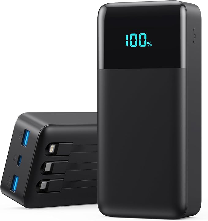 Portable Charger 50800mAh Power Bank with 3 Built-in Cable,25W PD USB C Power Bank Fast Phone Charging,QC4.0 LED Display Portable Battery Pack Compatible with iPhone 17/16/15, Galaxy Android-Black
