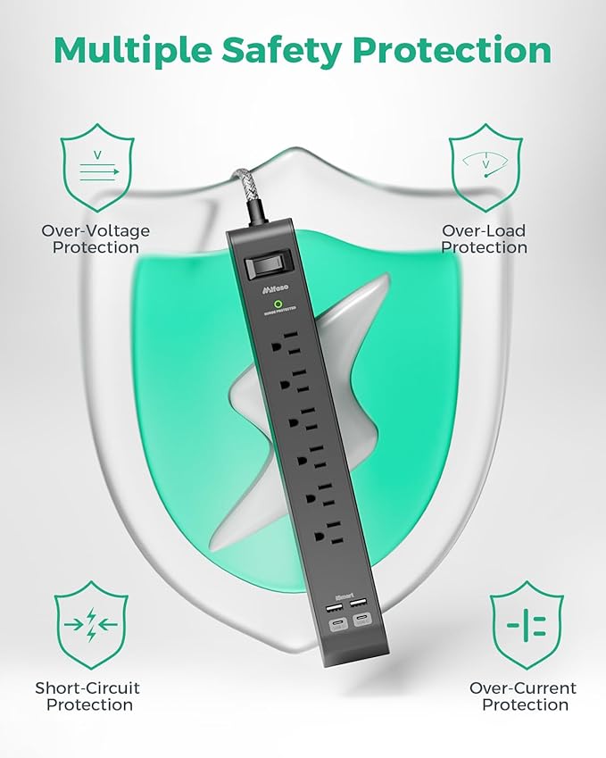 12FT Long Power Strip Surge Protector - with 6 Outlets 4 USB Ports, Heavy-Duty Braided Extension Cord, Flat Plug, 900 Joules, 15A Circuit Breaker, Wall Mount for Home Office (2 Pack)