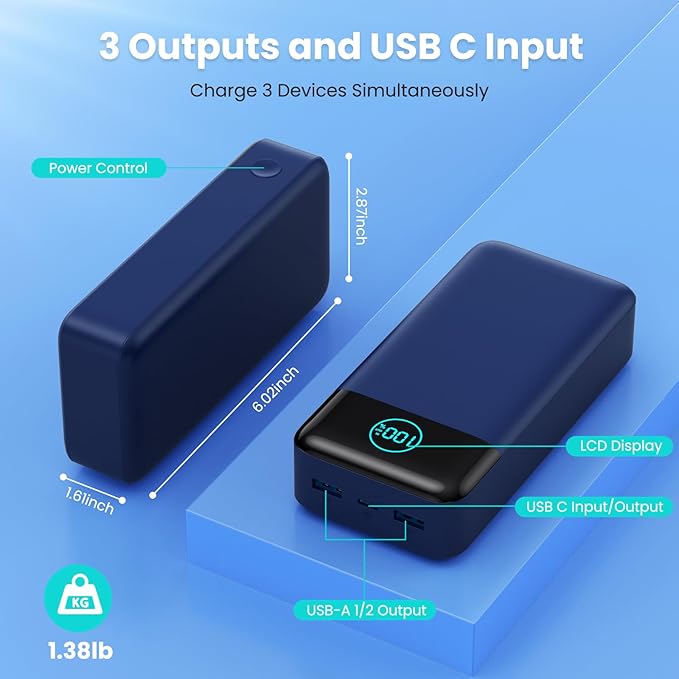 Portable Charger 50800mAh Power Bank,25W PD QC 4.0 USB C Fast Charging External Battery Pack,Travel Outdoor Essentials Portable Cell phone Charger Compatible with iPhone 17/16/15/14/13,Android-Blue