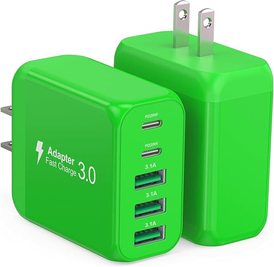50W USB C Wall Charger Block,5-Port C Charger Fast Charging Block PD Power Adapter +QC 3.0 Multiport Type C Box Charger Cube USB A Wall Plug for iPhone 14/15/16/17 Pro Max Plus,Samsung(Green)(2-Pack)