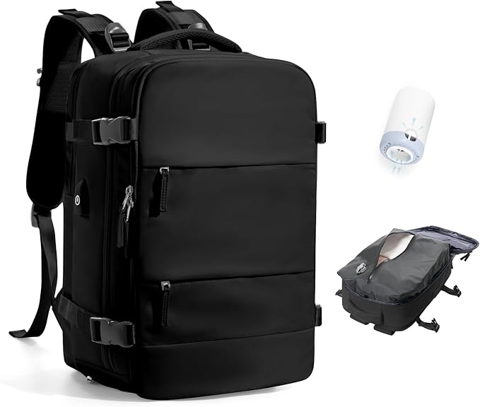 Vacuum Travel Backpack with Pump Women,Personal Item Carry on Backpacks Flight Approved 18x14x8 inches Men,Laptop Waterproof Work Compression bags Casual Daypack Mochila de Viaje Compresion al Black