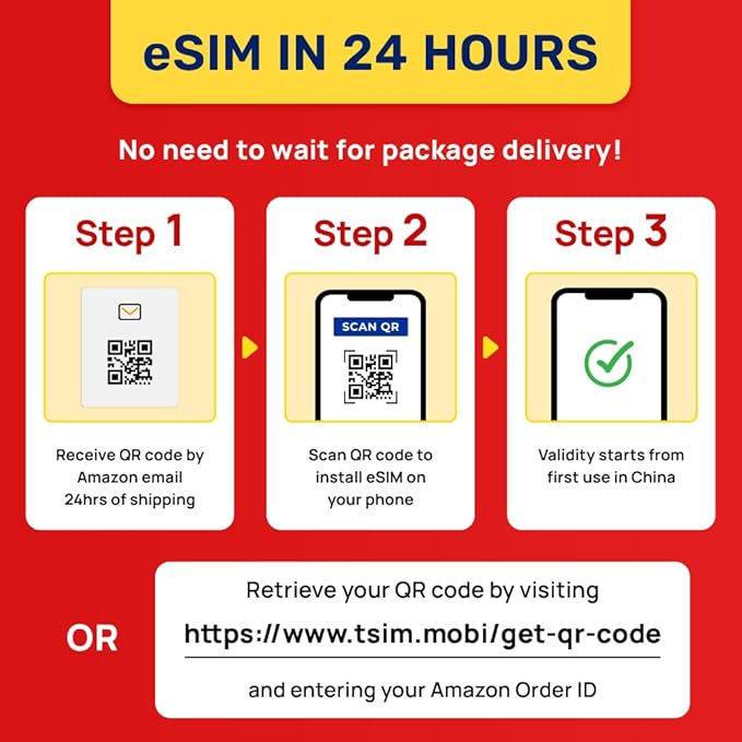 TSIM China eSIM 30 Days | 5GB High Speed Data | Auto Activating | Hotspot Sharing Allowed | eSIM QR Code Sent by email Within 24Hrs of Shipping | Scan QR Code and use Immediately | Data Only No Voice