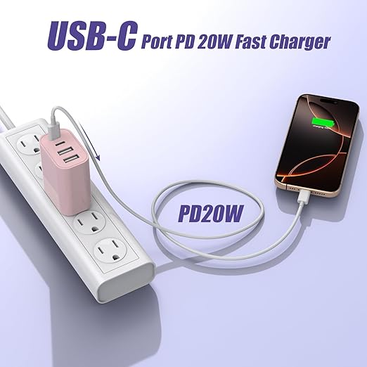 USB Fast Charging Block, 4-Port 40W Charge Adapter Pink iPhone Apple USB C Charger, Multiport Type C Fast Charger for iPhone 17/17 Air/16e/16 Pro/16 ProMax/15/14/13/12,iPad Pro/iPad Air,iPad mini,iPad