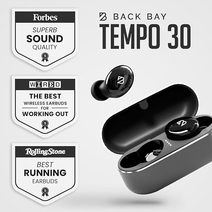 Back Bay Audio Tempo 30 Wireless Earbuds for Small Ears - Award-Winning Sound, Sweatproof Bluetooth Earbuds, Comfortable Ear Buds for Women, Black Earphones Small Ear Canals, Long Battery Headphones