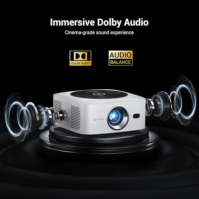 1500 ANSI Official Licensed Netflix Outdoor Projector 4K Full HD, Smart Projector with Wifi and Bluetooth, Auto Focus, Dolby Sound, Built-in Apps, HAPPRUN Indoor Home Theater for Phone/PC/PS5