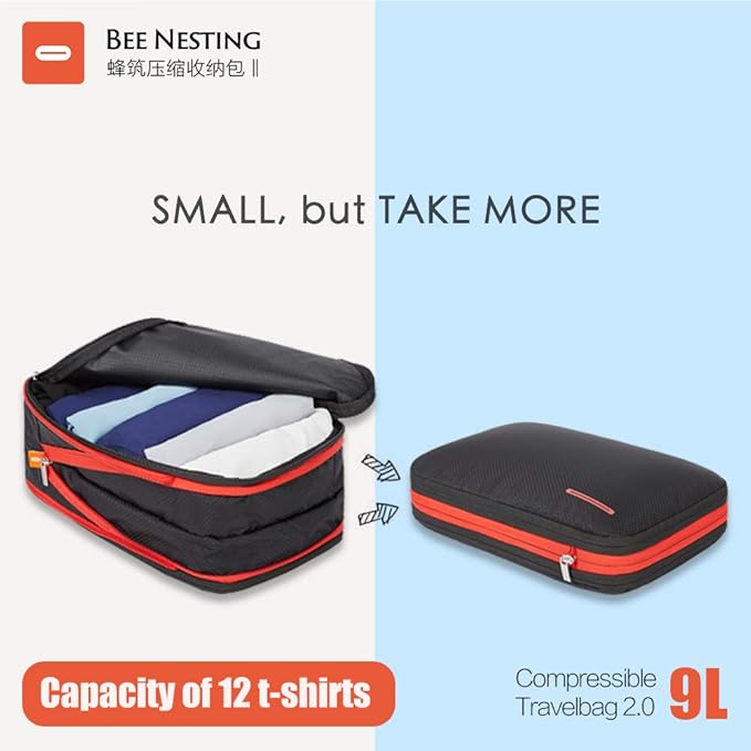 Bee Nesting Waterproof Compression Packing Cubes 5/6/8 sets, Large Travel Packing organizers for Carry on Luggage, 2 Sides Expandable Storage Bags (Black Red, 9L)
