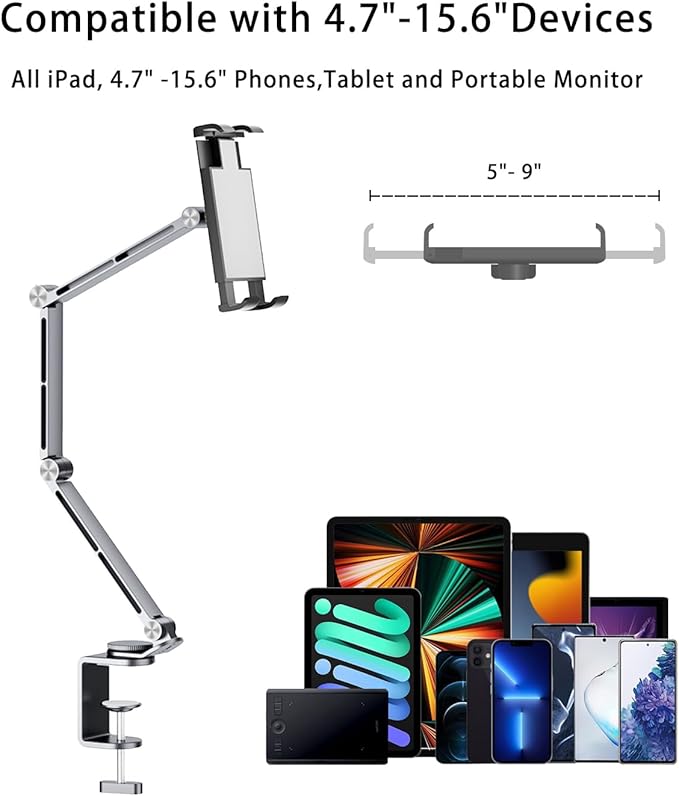 iPad Mount for Desk Aluminum Alloy Tablet Stand Foldable Overhead Arm Holder Mount Fits for 4.7-15.6" Screen Phone,Kindle,Fire HD,Monitor,iPad,Galaxy Tab Series (Gray)