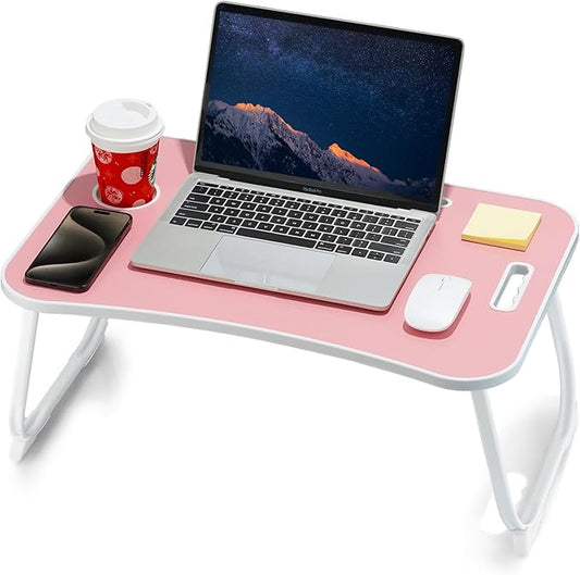 Laptop Bed Desk, Foldable Lap Table, Portable Study Table, Laptop Stand with Cup Holder & Tablet Slot & Lifting Handle for Working Writing Drawing & Eating - Pink