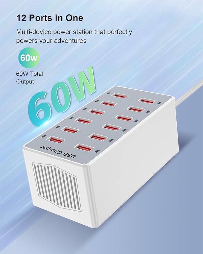 Cell Phone Wall Charger USB Charging Station for Multi 12 Ports Power Strip Charging Hub Smart Plug Charge Block Desk Device Dock for iPhone 15/14/13/iPad iPod Galaxy Watches Android Phones