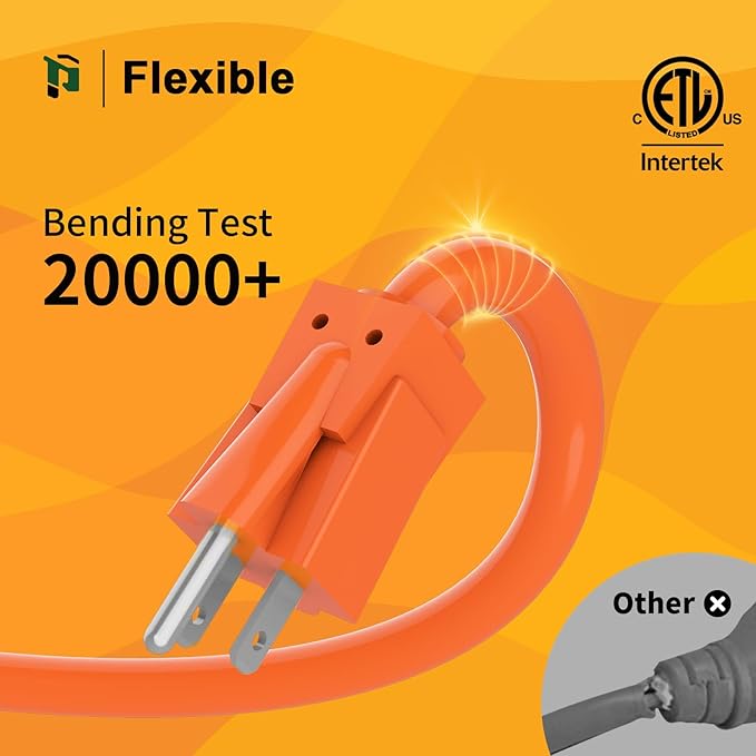 PLUGTUL 12/3 Outdoor Extension Cord 15 FT Waterproof, Heavy Duty 12 Gauge SJTW Extension Cord, 15A 1875W, ETL Listed, Great for Garden and Home, Orange