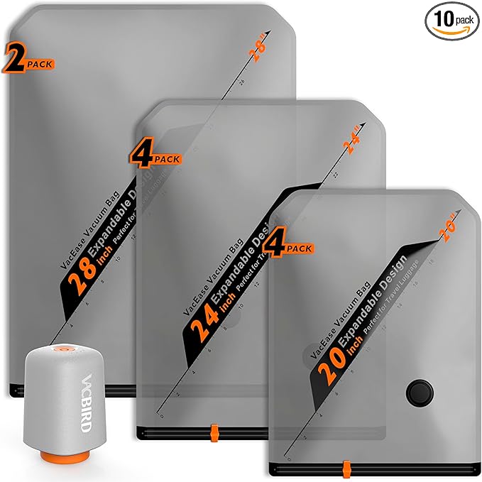 Rechargeable Wireless Pump Travel Storage Bags Set - 10 Pack Portable Space Saver Bags for Travel & Home - Vacuum Compression Packing Seal for Clothes, Blankets, Seasonal Storage