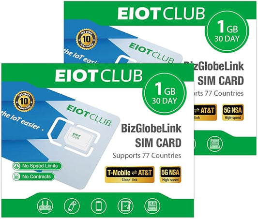(2 Pack) EIOTCLUB International Data SIM Card for 77 Countries - 1GB/30Day, 5G/4G Global Travel SIM Card for USA/Europe/Japan/China, Prepaid Data SIM for Phone, Router, Hotspot (No Roaming Fees)