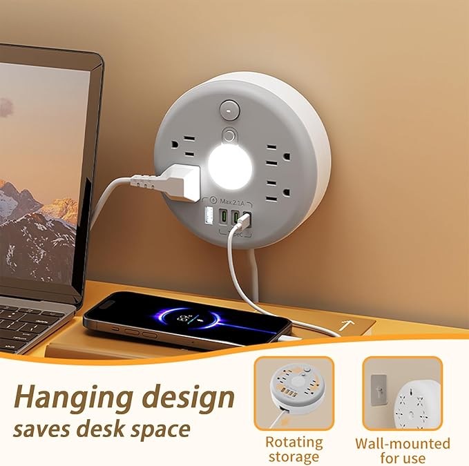 Power Strip Surge Protector with Night Light, 6FT Retractable Extension Cord, 4 AC Outlets, 1 Smart USB-A & 3 USB-C Ports, Portable Travel Power Strip for Home Office Dorm Hotel