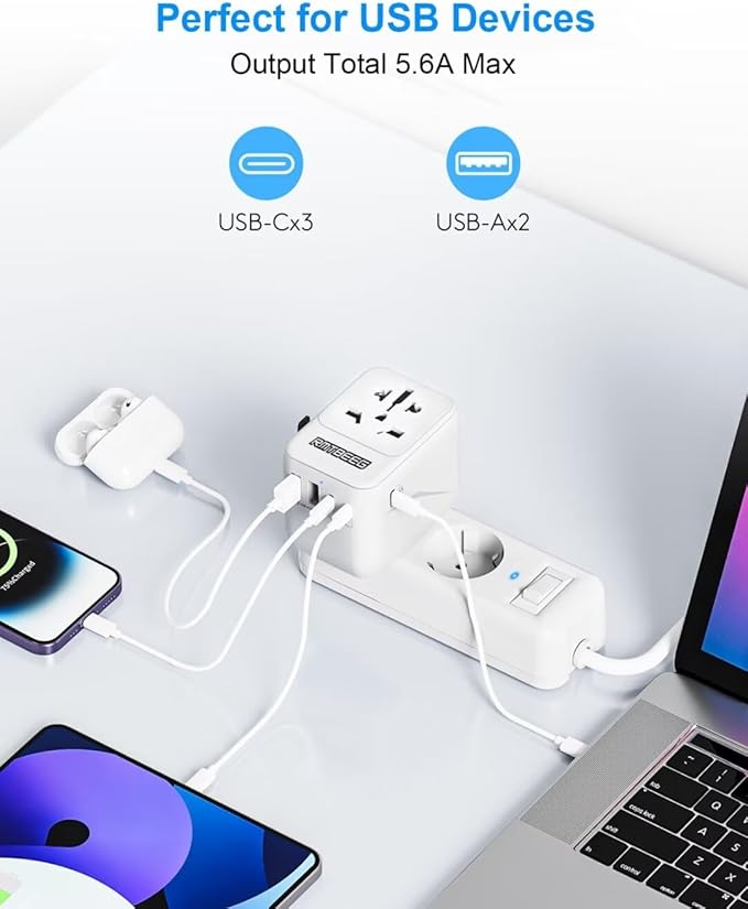 International Power Plug Adapter, Rmtbeeg Universal Travel Adapter with 3 USB-C and 2 USB-A Ports, All-in-One Worldwide Wall Charger for Europe UK EU AUS (Type C/G/A/I), Plug Adaptor Travel