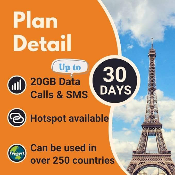Orange Holiday Worldwide Prepaid SIM Card 20GB Internet Data for 30 Days in 4G/LTE | Data tethering Allowed | Calls & SMS | 1 Sim Card Holder + 1 Pin (International sim, Asia America Europe)