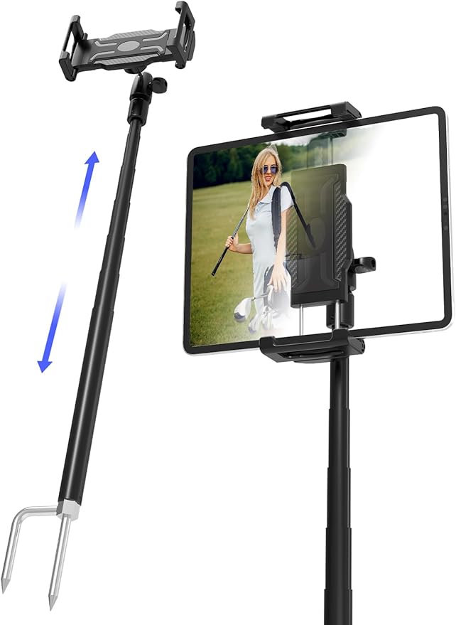 Golf Swing Recording Tablet Holder with Heavy-Duty Spike Stake, Thick Case Friendly Monopod Stand for iPad Pro/Air/Mini, Galaxy Tab (6-15.6"), iPhone - Anti-Fall Design for Outdoor Training