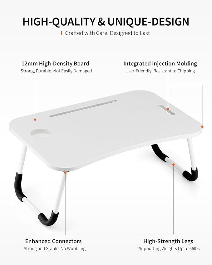 Foldable Laptop Table, Portable Lap Desk Bed Table Tray, Laptop Stand with Cup Holder & Tablet Slot & Lifting Handle for Working Writing Drawing & Eating (White)