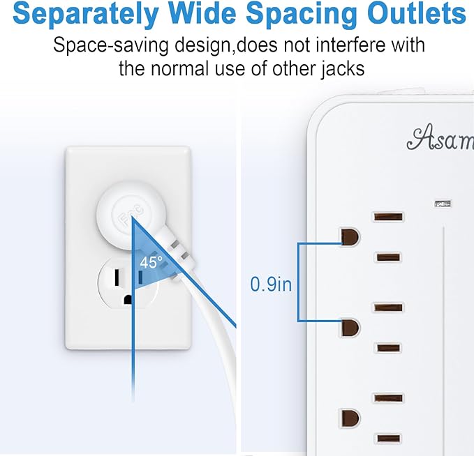 20FT Surge Protector Power Strip Extension Cord with USB C, Asamoom Flat Plug Power Strip with Long Cord, 8 Outlets and 3 USB-A & 1 USB-C Port,1700J for Wall Mount Desk White, ETL Listed