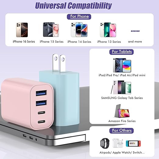 40W USB C Charger Block, [2 Pack] 4-Prot USB Type C iPhone Fast Charging Brick,Multiport Apple Adapter for iPhone 17/17Air/16e/16 Pro/16 ProMax/15/14/13/12,iPad Pro/iPad Air,iPad mini,iPad (Pink+Blue)