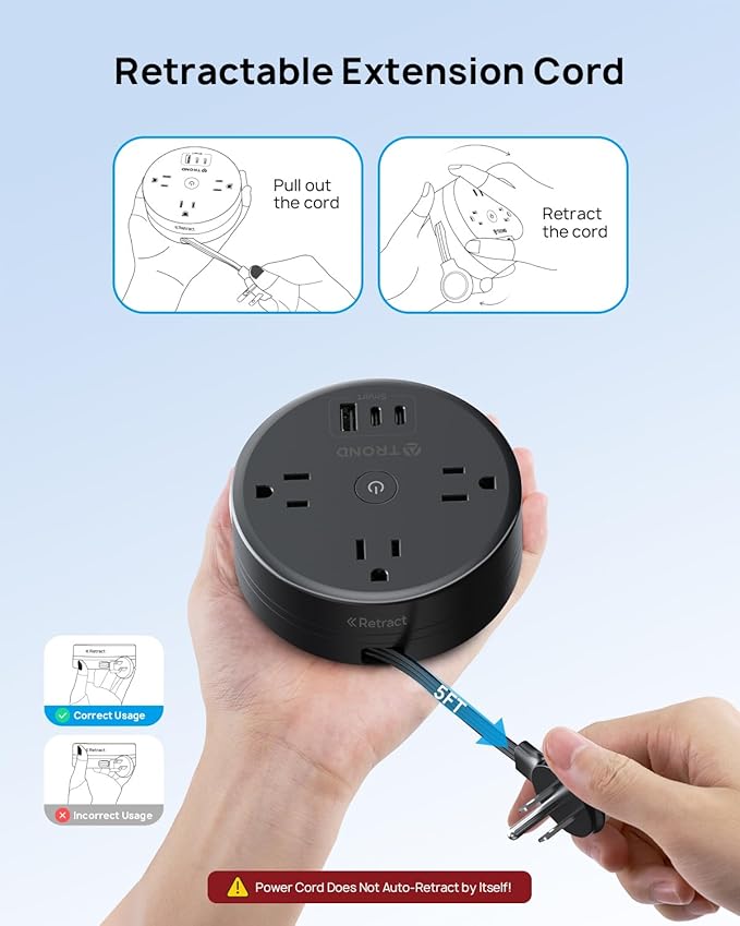 TROND Retractable Extension Cord Power Strip - Travel Power Strip with 3 AC Outlets 3 USB Ports (2 USB C), Ultra Thin Flat Plug 5ft, Cruise Ship Essentials, for Home Hotel Dorm Room, Black