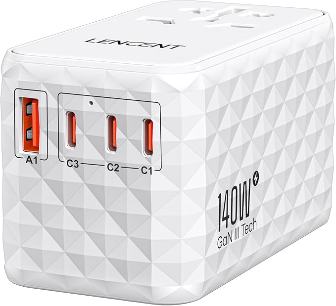 LENCENT 140W International Travel Adapter, GaN Universal Travel Adapter with 1 USB-A & 3 Type C Power Adapter, Fast Charger for Phone,Laptops, Worldwide Plug Adapter for USA/UK/EU/AUS, White