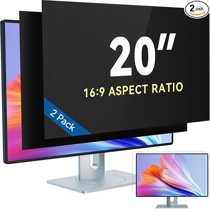 IPROKKO [2-Pack] 20 Inch Computer Privacy Screen Filter for 16:9 Widescreen Monitor, Removable 19inch Anti Blue Light Glare Privacy Shield, Anti Spy Security Protector for Hp Dell Asus Acer Samsung