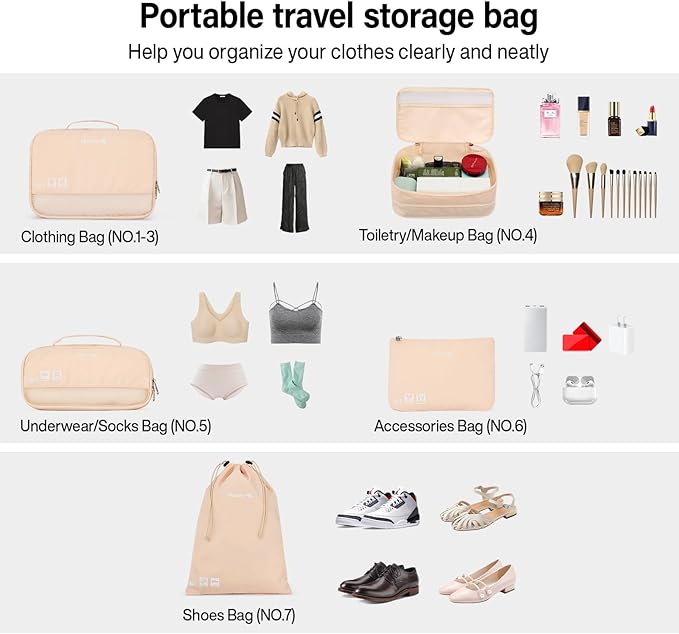 Compression Packing Cubes (Pack of 7), Expandable Luggage Organizer Bags, Hanke Packing Cubes for Travel, Double Zipper Durable Travel Packing Organizers for Suitcase Backpack and Carry-On