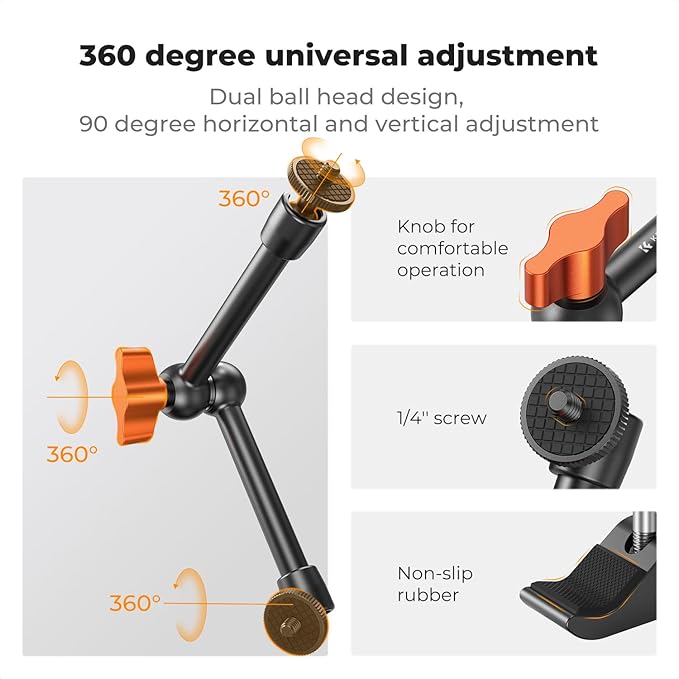 K&F CONCEPT 9.8" Magic Arm Clamp Kit with 1/4" & 3/8" Thread Screw 360° Ball Heads Articulating Magic Arm Camera Mount for DSLRs, Monitor, Flash, LED Light, Microphone, Camera Cage, Action Camera