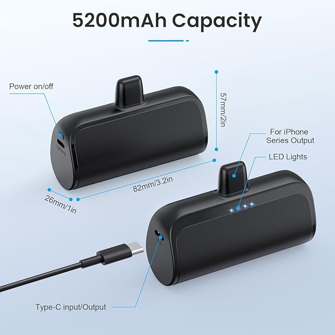 [2 Pack]Mini Portable Charger for iPhone,5200mAh Ultra-Compact Fast Charging Power Bank Cordless Cute Small Battery Pack Compatible with iPhone 14/14 Pro Max/13/13 Pro/12/11/XR/8/7/6(Black+Black)