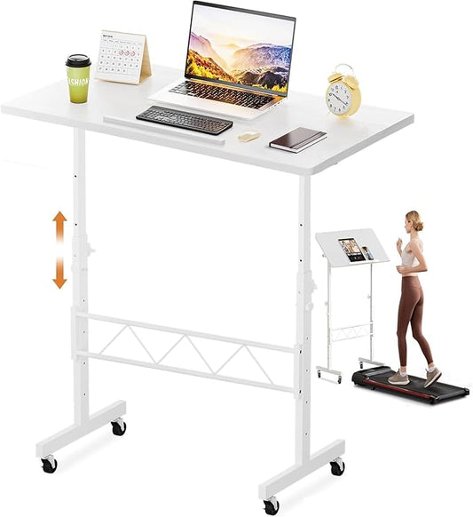 COMHOMA Small Standing Desk Adjustable Height & Tiltable Tabletop, Mobile Stand Up Desk for Laptop, Portable Computer Table for Home Office Work and Walking Pad Treadmill, Height 30.7"-46.4", White