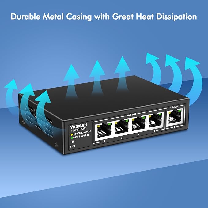 YuanLey 5 Port PoE Extender Gigabit with 4 PoE Out, 90W in, IEEE 802.3af/at/bt Mini 5 Channel Switch1000Mbps, Metal Casing, 6KV Lightning Protection, Passthrough Switch, Plug and Play