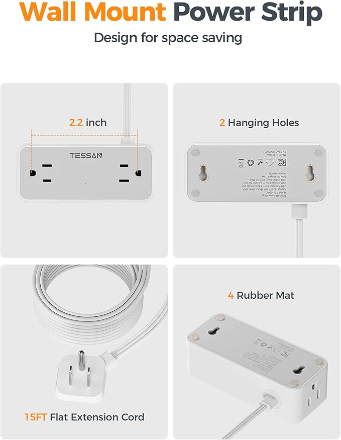 Flat Extension Cord 15 FT, TESSAN Surge Protector Power Strip with 4 AC Outlets 1 USB C and 2 USB A Ports, 900 Joules Protection, Multiple Wall Plug Outlet Extender Suitable for Home Office Dorm