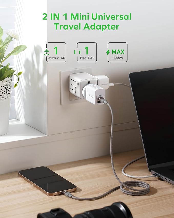 MOMAX Mini Universal Travel Adapter Worldwide, 2 AC, All European Travel Plug Adapter UK, Travel Essentials for US to Europe Adaptor, All-in-One Wall Charger for AUS JP, Over 200 Countries