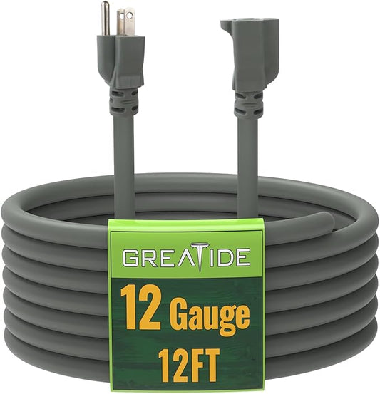 12 Ft Outdoor Extension Cord - 12/3 SJTW Heavy Duty Grey Extension Cable with 3 Prong Grounded Plug - Power Cord for Lawn, Garden, Appliances