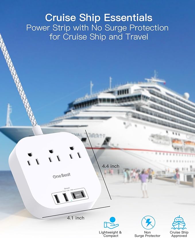 One Beat Power Strip with USB C, 3 Outlets 4 USB Ports (22.5W/4.5A) Desktop Charging Station, Flat Plug, 5ft Braided Extension Cord, Non Surge Protector for Travel, Cruise Ship, ETL Listed