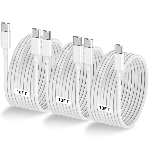 3-Pack 10FT 60W USB C to USB C Cable, Type C to Type C Cable,Fast Charging Cable for iPhone 16 15 Pro Plus Pro Max，for Galaxy S24 S23, for iPad Pro/Air, for MacBook Pro/Air and More