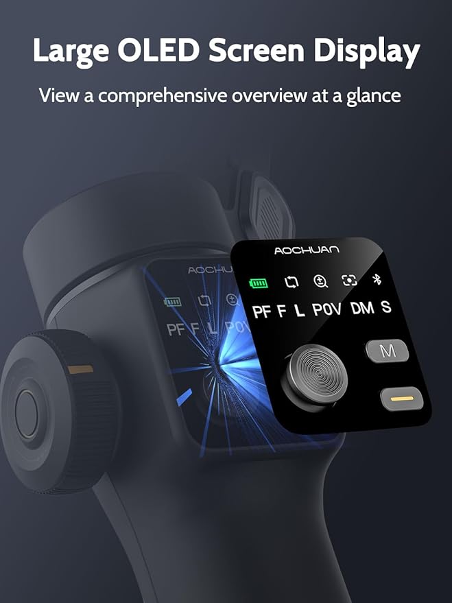 AOCHUAN 3-axis Gimbal Stabilizer w/Built-in 7.8' Extension Rod, Vlogging Phone Gimbal w/AI Tracking, Portable Smartphone Holder for iPhone w/Full-Screen OLED Display, Trigger Button Smart V8(Black)