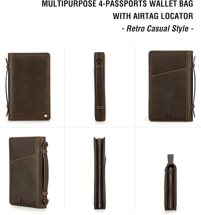 Top Grain Leather Travel Passport Wallet Holder Case for Man & Woman, Handmade for 4 Passports & Multi Cards, RFID Blocking Large Capacity for Cards/Passports/Tickets/AirTag, Matte Coffee