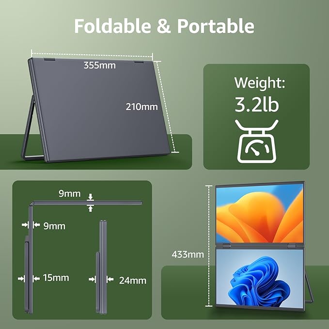 cocopar Portable Monitor Dual 15.6 Inch 1080P Travel Monitor with Speaker HDMI USB-C External Display for Laptop MacBook Surface PC Xbox PS4/5, VESA Mountable, with Stand