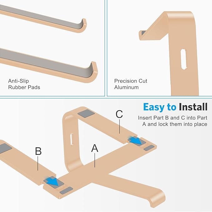 OMOTON Laptop Stand, Detachable Laptop Mount, Aluminum Laptop Holder Stand for Desk, Compatible with MacBook Air/Pro, Dell, HP and All Laptops (11-16 inch), Gold