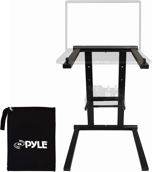 Pyle Portable Folding Laptop Stand - Foldable Laptop Stand with Adjustable Height, Secondary Accessory Tray for iPad, Tablet, DJ Mixer, Workstation, Gaming, Home Use and Carrying Bag Included