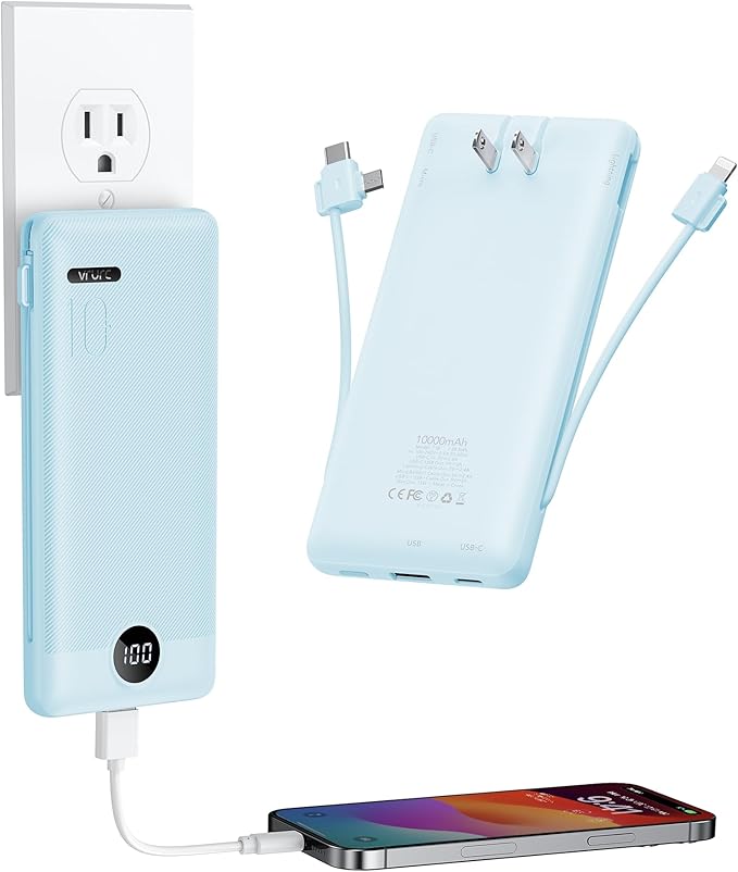 VRURC Portable Charger with Wall Plug and Cables, 10000mAh Power Bank with 22.5W Fast Charging USB Port,4 Outputs Dual Inputs Slim Compact Rechargeable Battery Pack Travel Accessories-Blue(1 Pack)