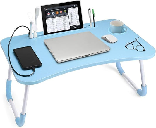 Slendor Lap Desk with Cup Holder, Foldable Laptop Table for Bed, Portable Bed Desk for Laptop and Writing, Computer Tray with Tablet Slot, Notebook Stand Reading Holder for Couch Sofa Floor,Blue