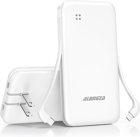 Alongza Portable Charger Built-in Cables and AC Wall Plug, Slim Fast Charging Power Bank 10000mAh, Lightweight USB C External Battery Pack Compact Travel Cell Phone Charger