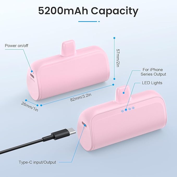 [2 Pack]Mini Portable Charger for iPhone, 5200mAh Ultra-Compact Fast Charging Power Bank Cordless Cute Small Battery Packs Backup Compatible with iPhone 14/14 Pro/13/12/XR/8/7/6-Jade Green+Blush Pink