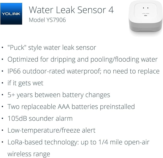 YoLink Water Leak Starter Kit: Hub + 2 Leak Sensor 4 (105 dB Siren), LoRa Long-Range, App/SMS/Email Alerts, D2D Offline, 2 AAA Up to 5-Year Battery, Works with Alexa/IFTTT/Home Assistant