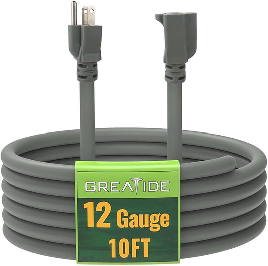 10 Ft Outdoor Extension Cord - 12/3 SJTW Heavy Duty Grey Extension Cable with 3 Prong Grounded Plug - Power Cord for Lawn, Garden, Appliances