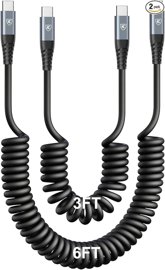 KIYODA USB C to USB C Cable [3FT+6FT], 2Pack Coiled USB C Charger Cable for Car, Type C Fast Charging Cable Compatible with iPhone 17/16/ 15/Plus/Pro/Pro Max/MacBook Pro 2020/Samsung Galaxy S23